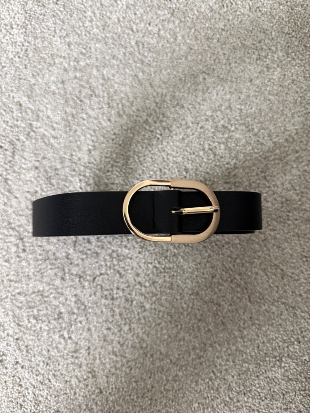 Classic Black Leather-Look Belt with Gold Oval Buckle